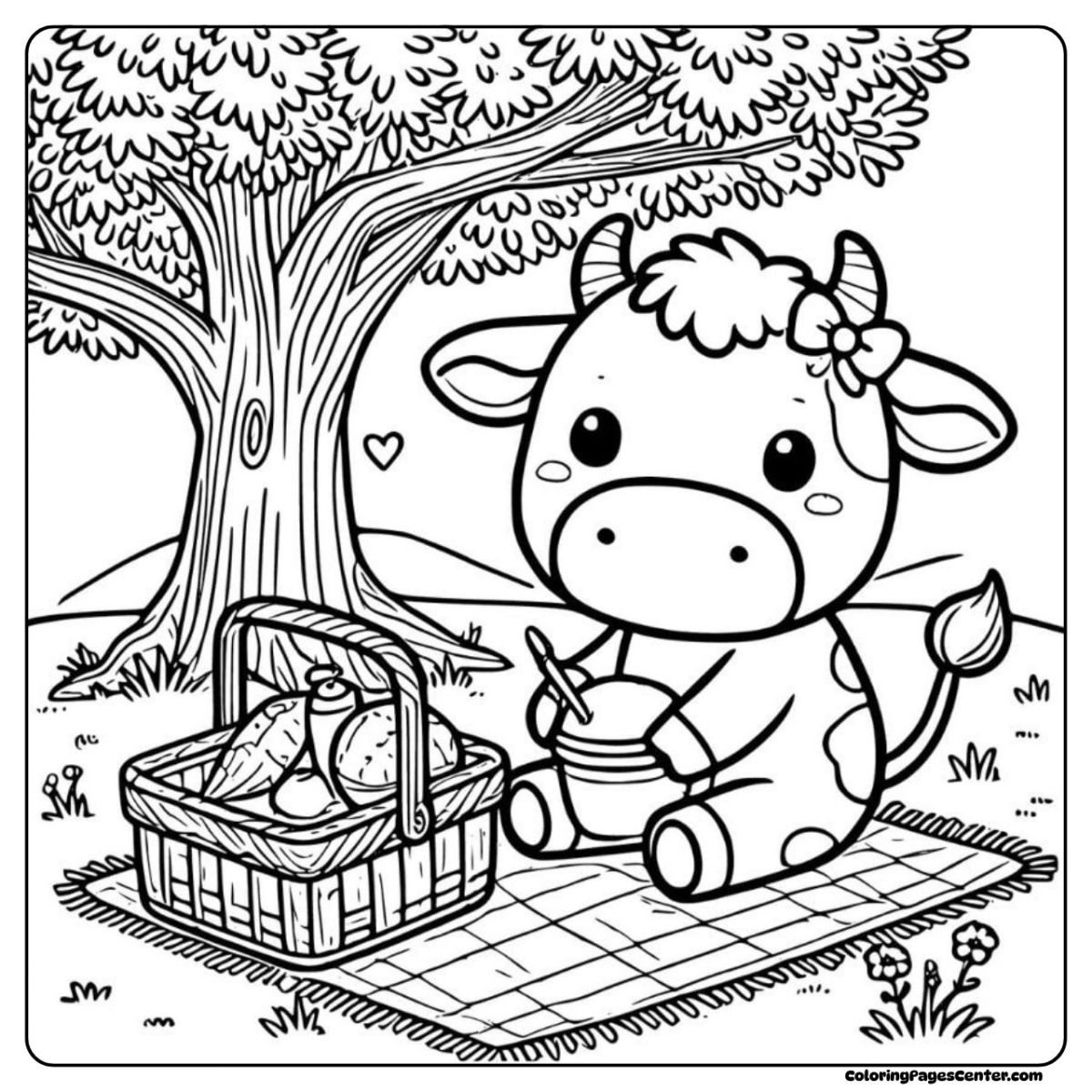 Cow coloring page with picnic basket, snacks, and summer shade