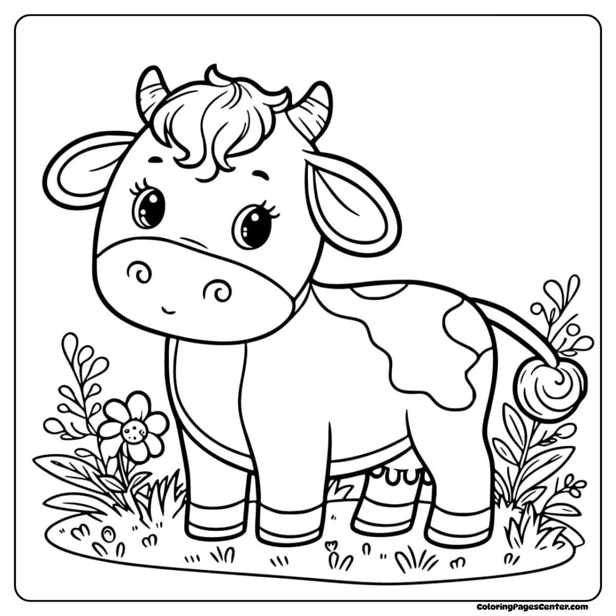 A happy calf stands in tall grass with bright flowers on a coloring sheet
