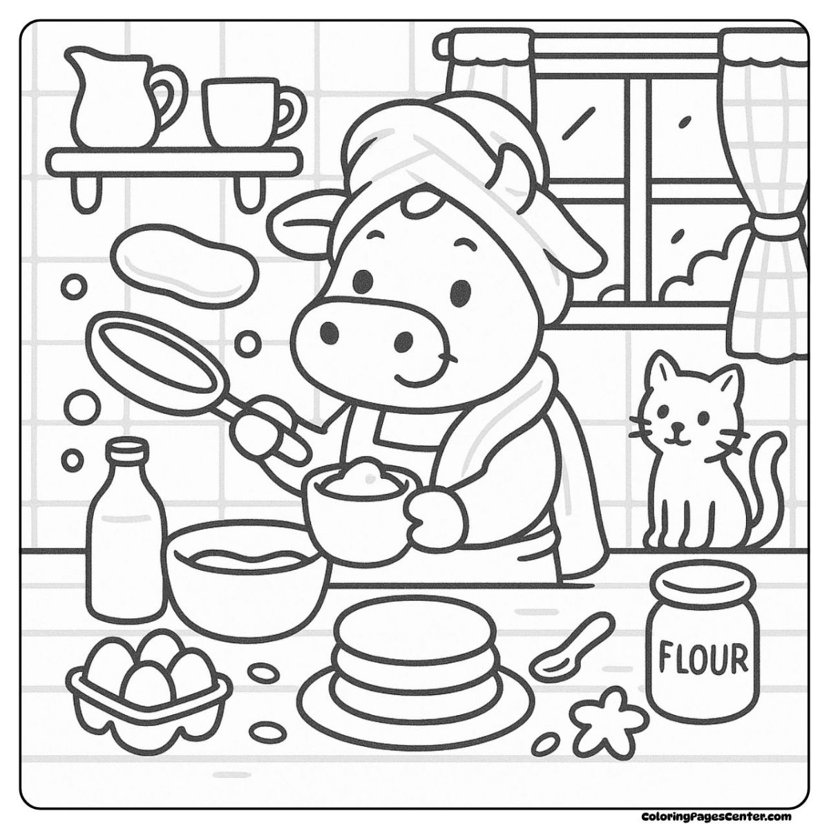 Cow coloring page with flying pancakes and a cat by the window