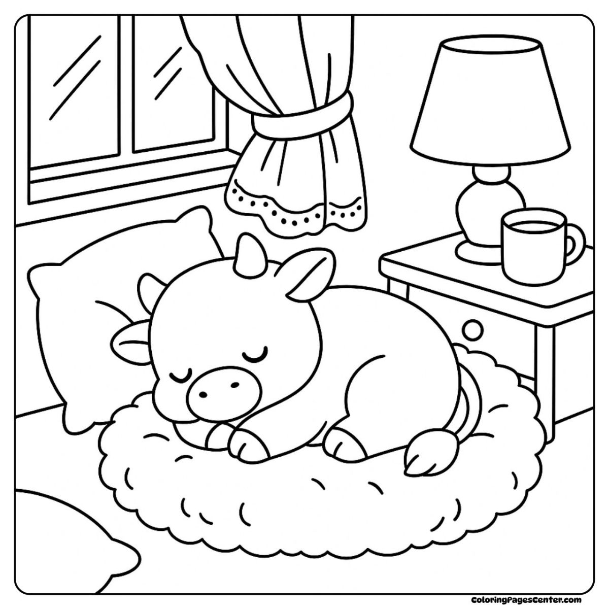 Cow coloring page showing a soft nap on a fluffy round bed