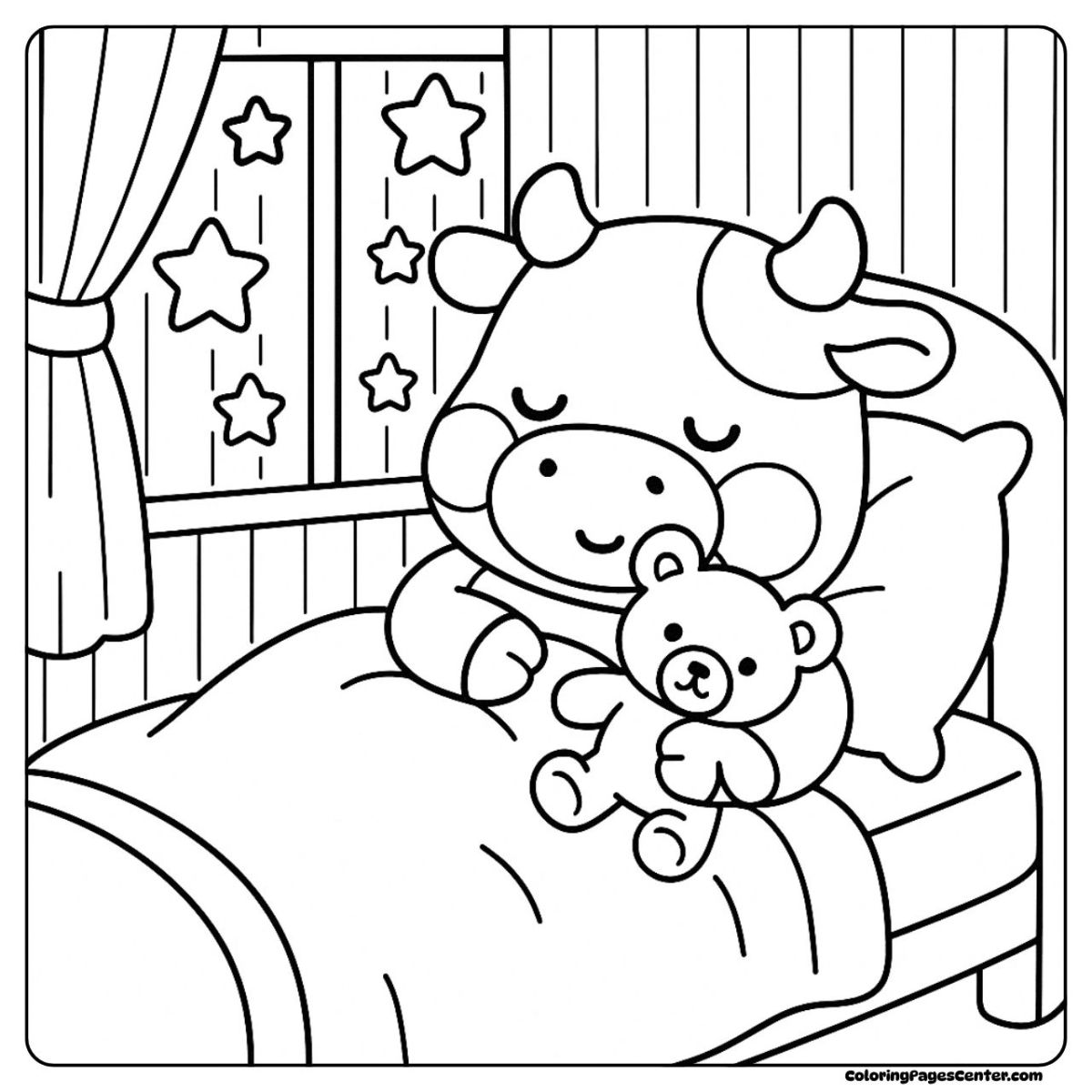 Cow coloring sheet with a cozy cow cuddling a teddy at night