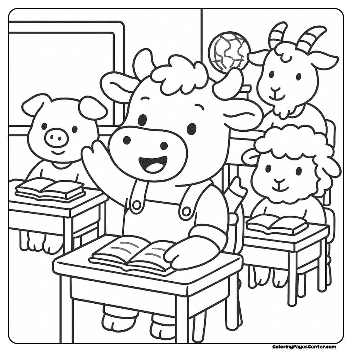 Cow coloring image of a happy cow among farm pals in class