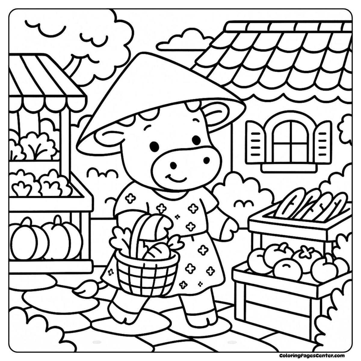 Cow coloring sheet of a cow shopping for veggies in town