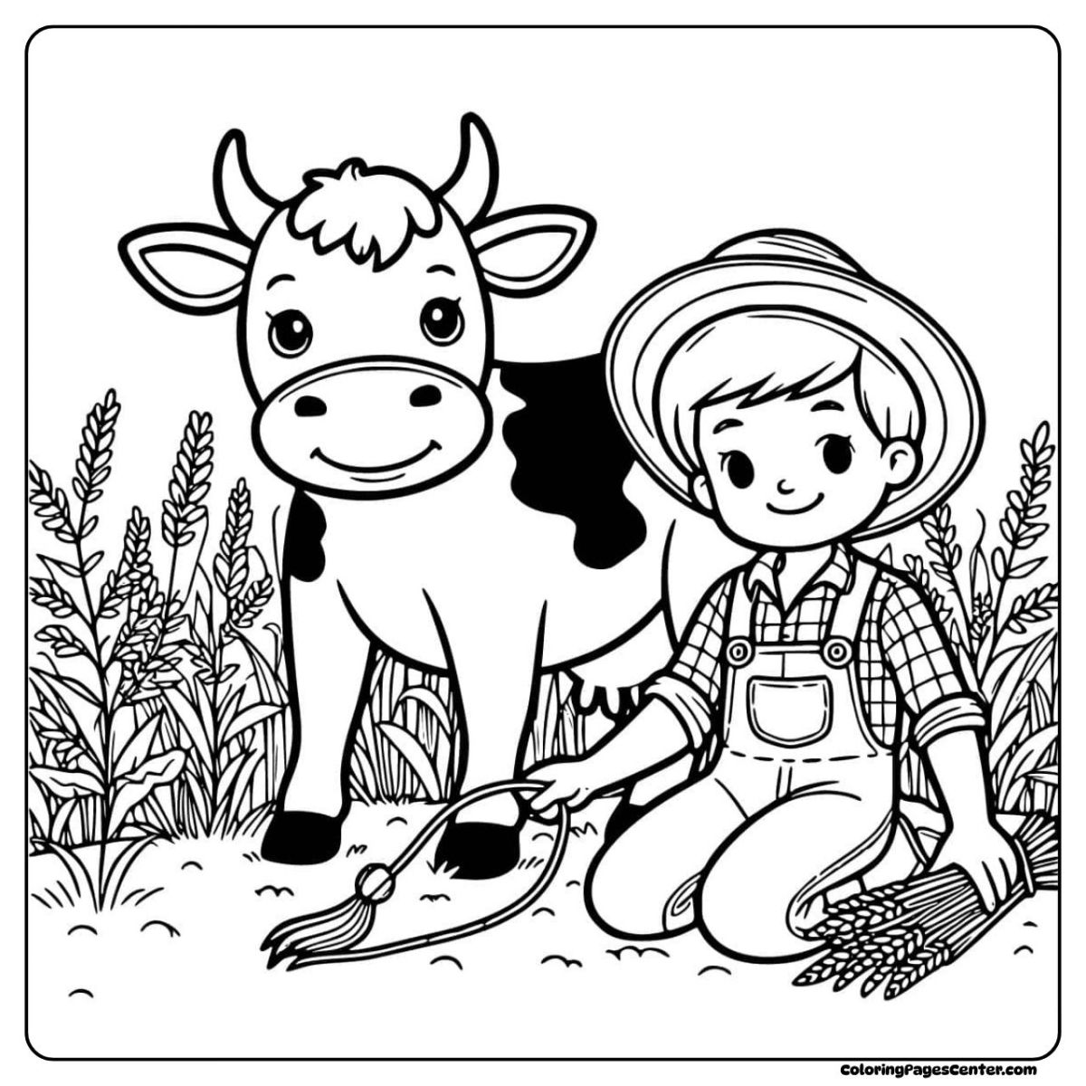 Cow coloring page showing a quiet bond between boy and cow