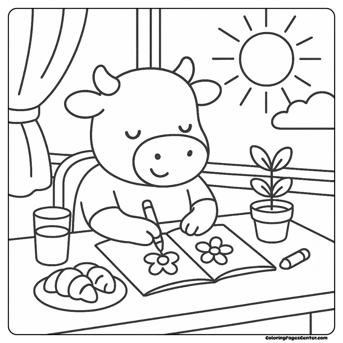 Cow coloring page with a cow, coloring book, and sunny window