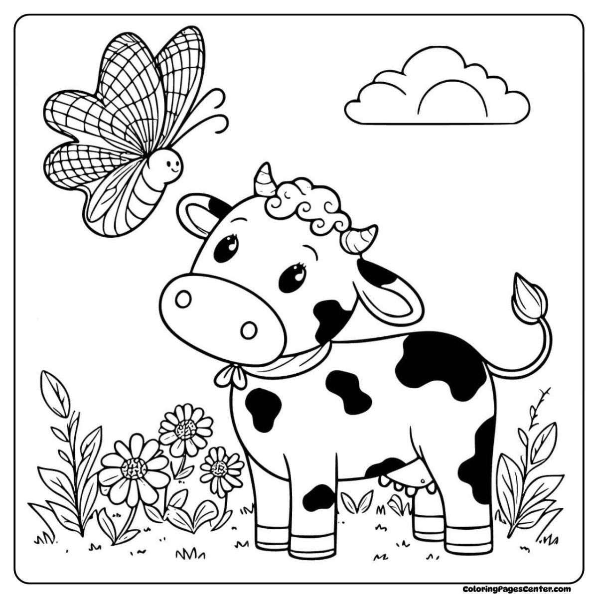 Cow coloring page with a cow surrounded by flowers and wonder
