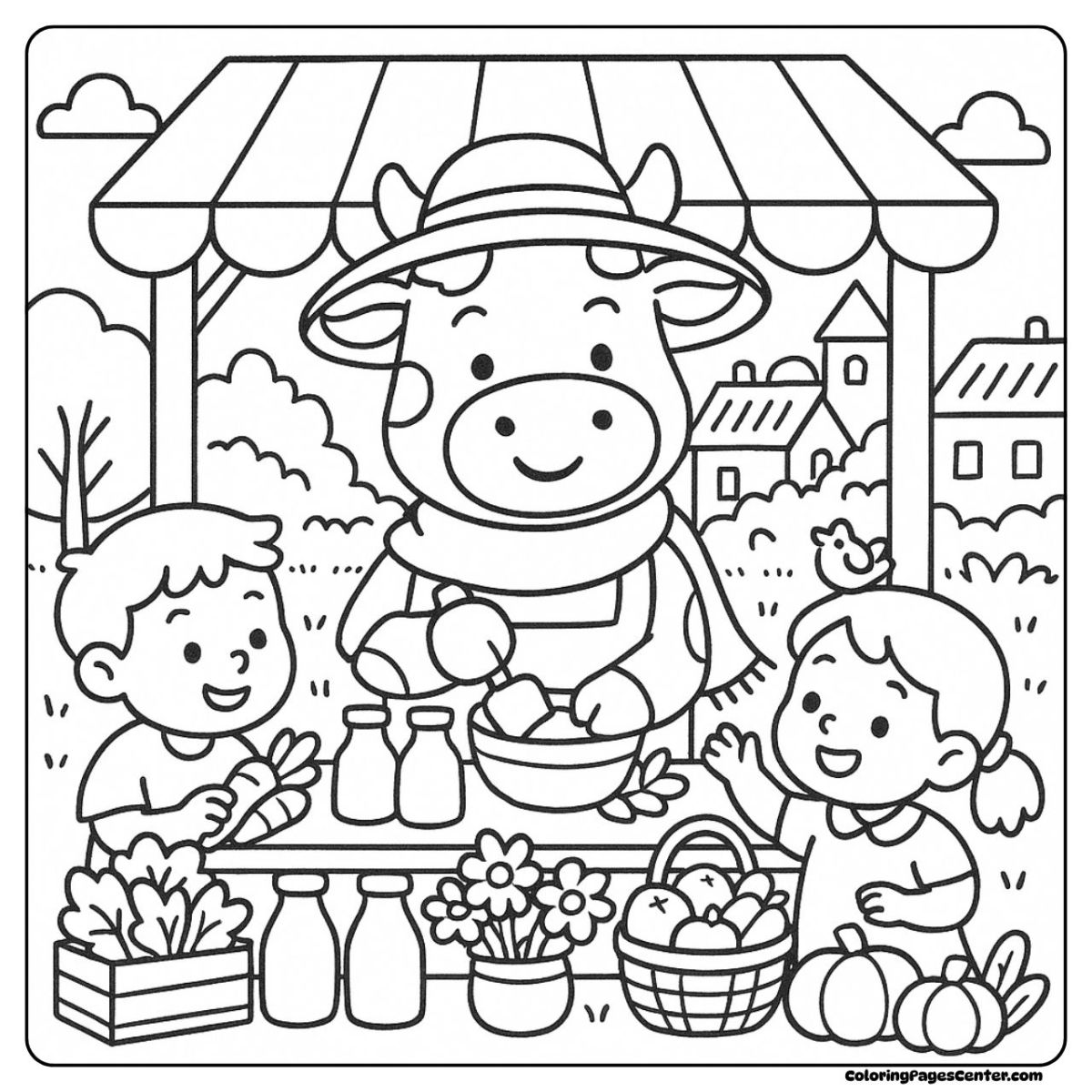 Cow coloring page showing a smiling cow and kids at a veggie stall