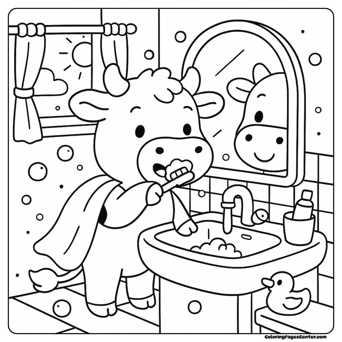 Cow coloring page with a cow at the bathroom sink, smiling in the mirror
