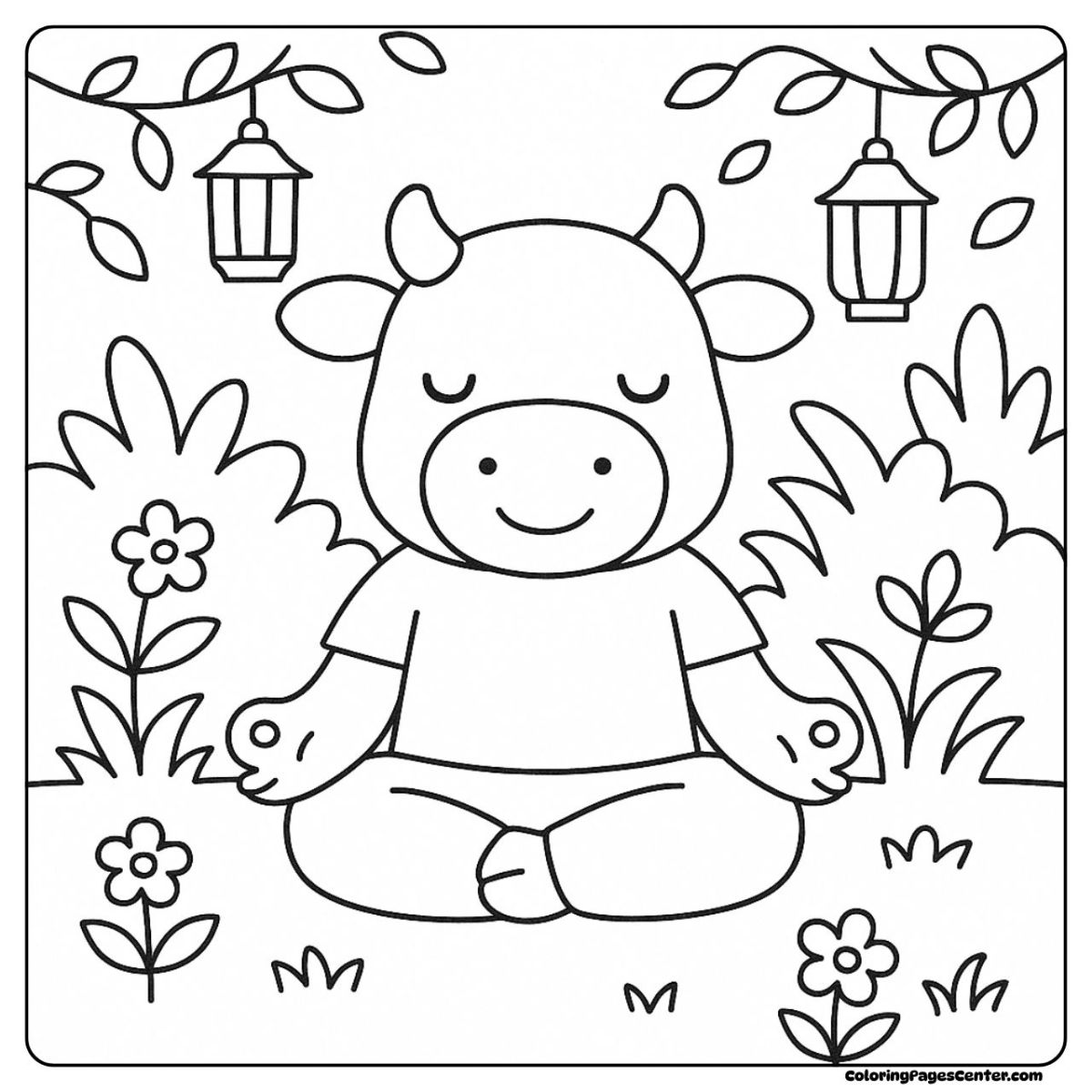 Cow coloring page with a cow, flowers, and lanterns at dusk