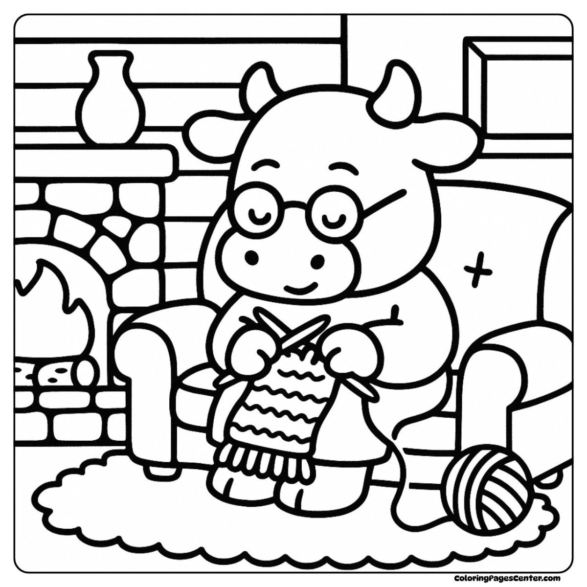 Cow coloring sheet of a cow knitting near a warm fireplace