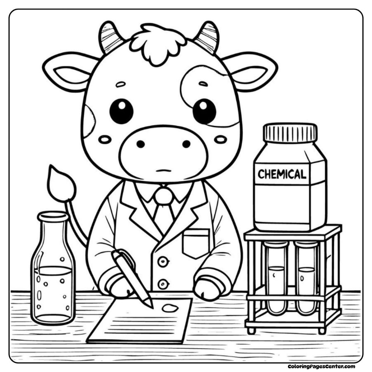Playful cow coloring page with beakers and lab goggles