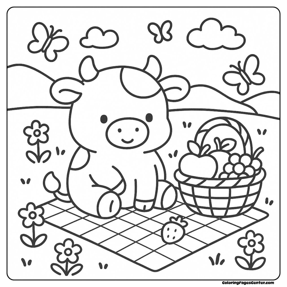 Cow coloring sheet with fruit basket and fluttering butterflies