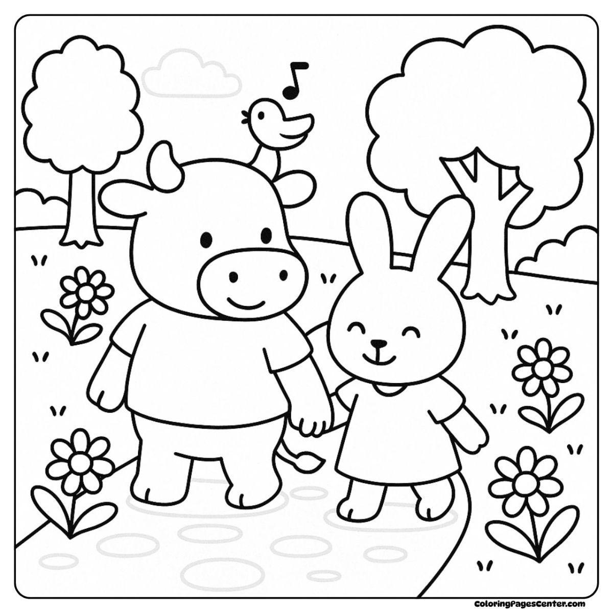 Cow coloring page showing a walk in nature with a happy bunny