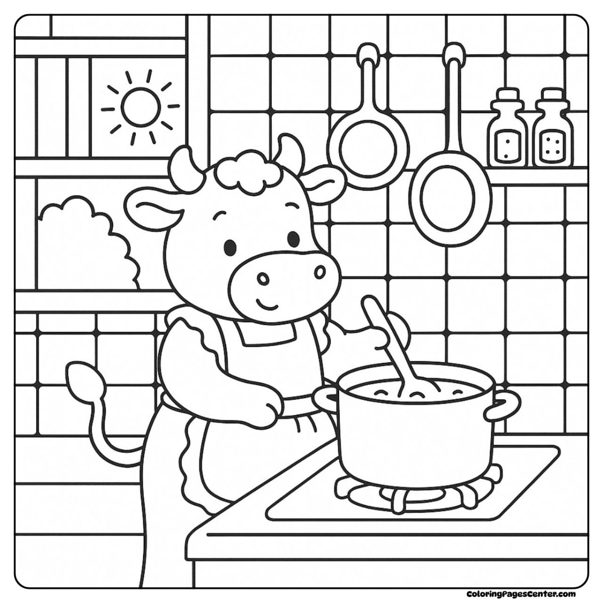 Cow coloring page stirring soup with pans hanging behind her