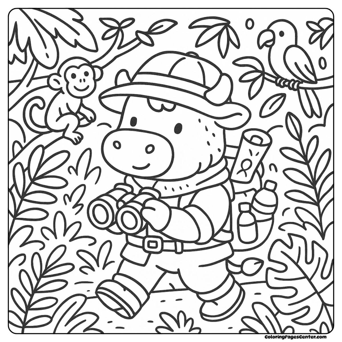 Cow coloring page with a cow, binoculars, and jungle animals