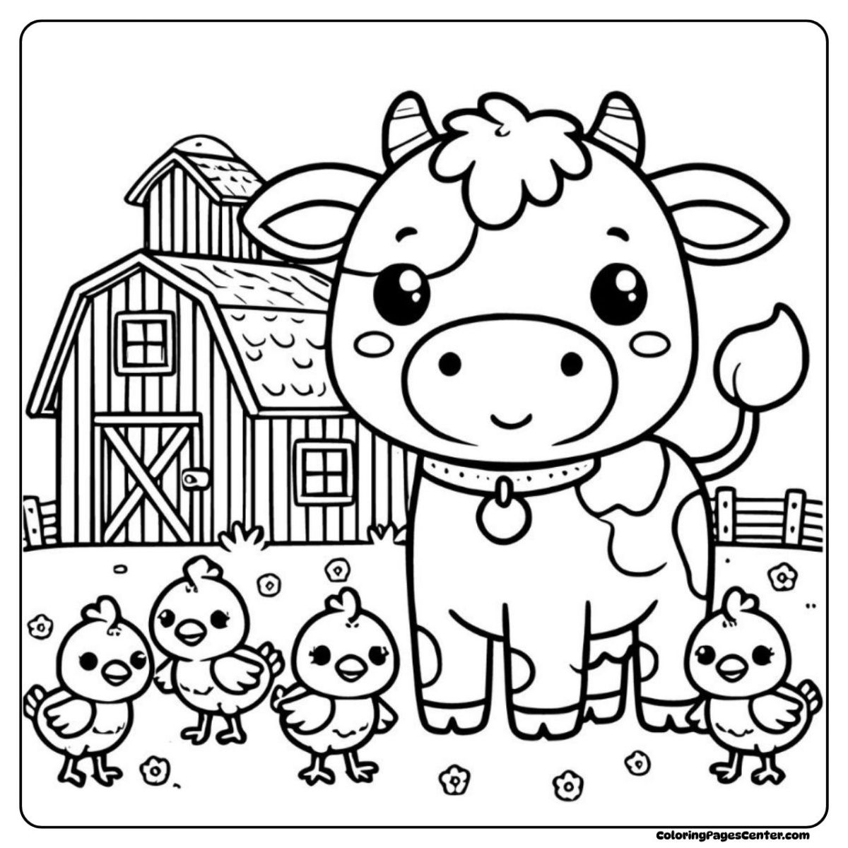 Cow coloring page with yellow chicks and sunny grass