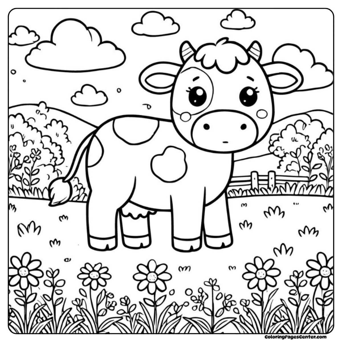 Calf coloring page with daisies and a golden sunrise