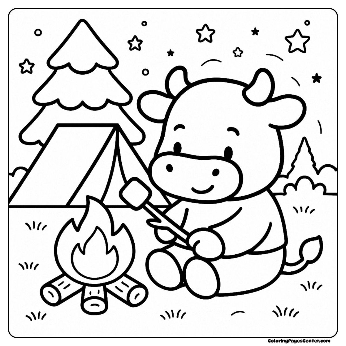 Cute calf sits by a glowing campfire on a nighttime coloring page