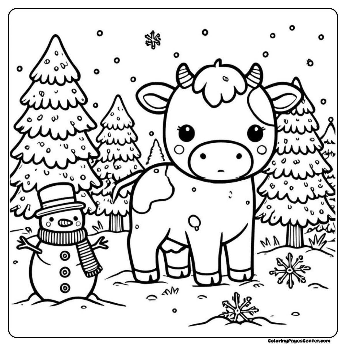 Cow coloring page with snowman, pine trees, and soft snow