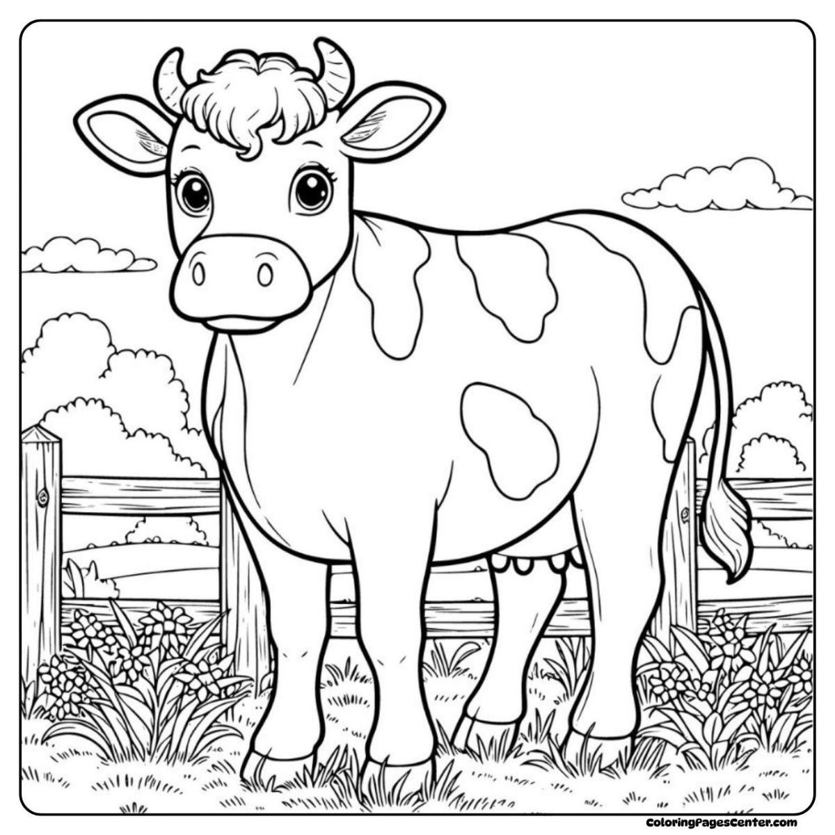 Gentle cow coloring page with pasture and wooden gate