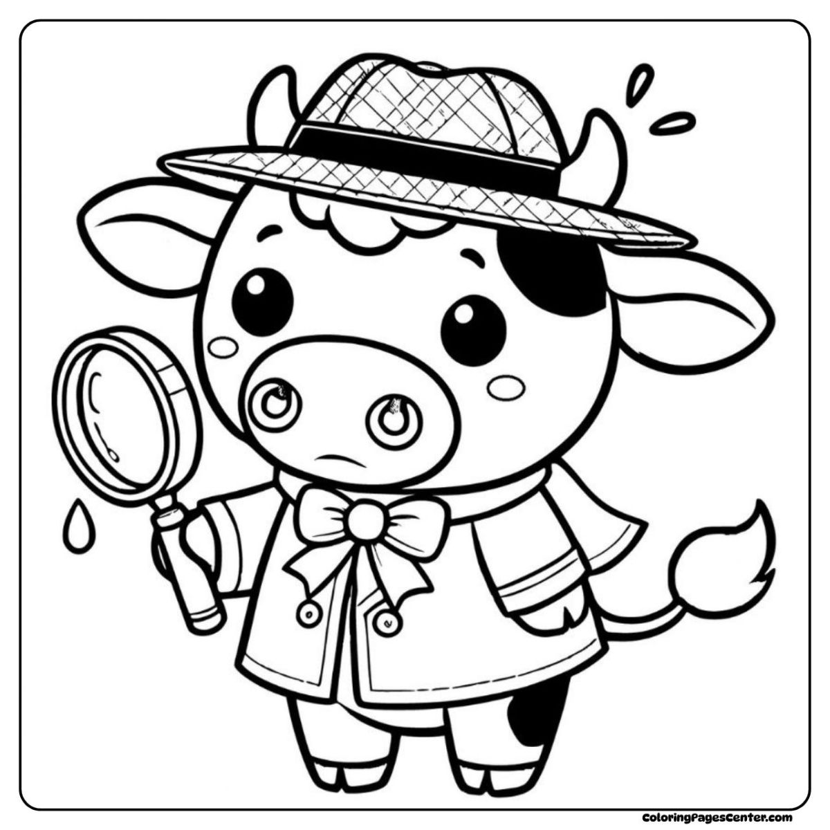 Curious cow coloring page with hat and magnifying glass