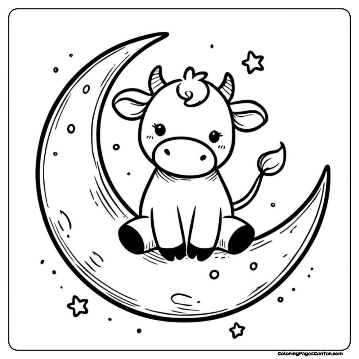 Cow coloring page with a sleeping calf and twinkling stars