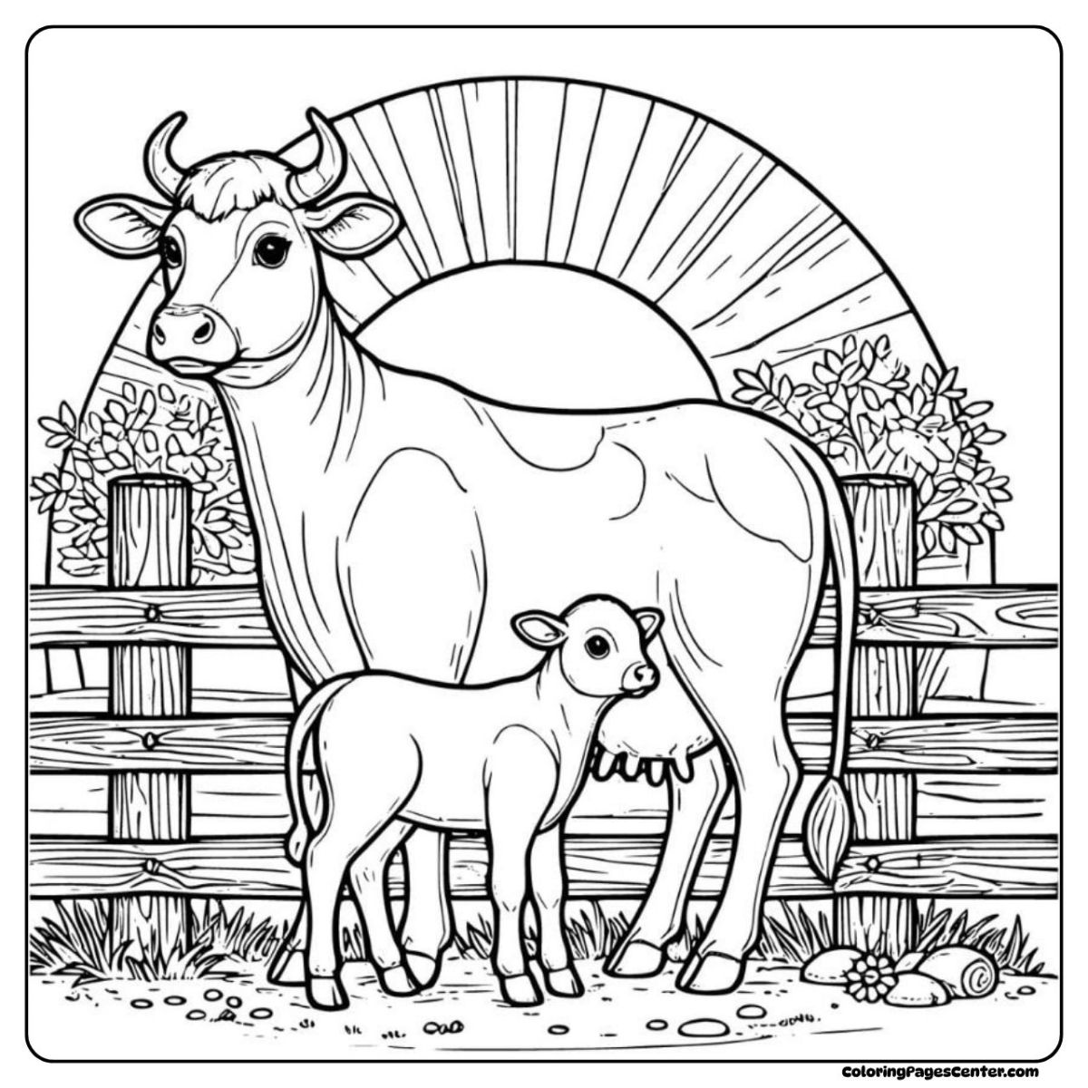Calm cow and calf coloring page in golden morning light