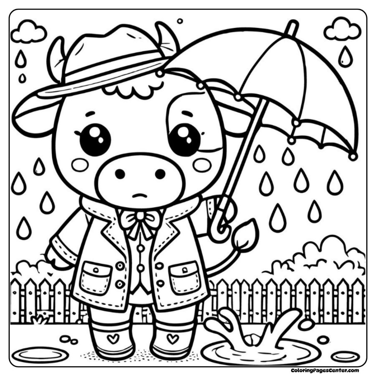 Cow coloring page with cheerful splashes and bright clouds