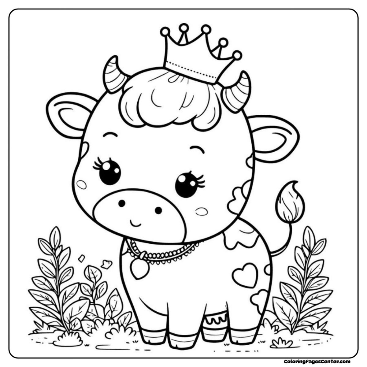 Princess calf coloring page surrounded by garden flowers