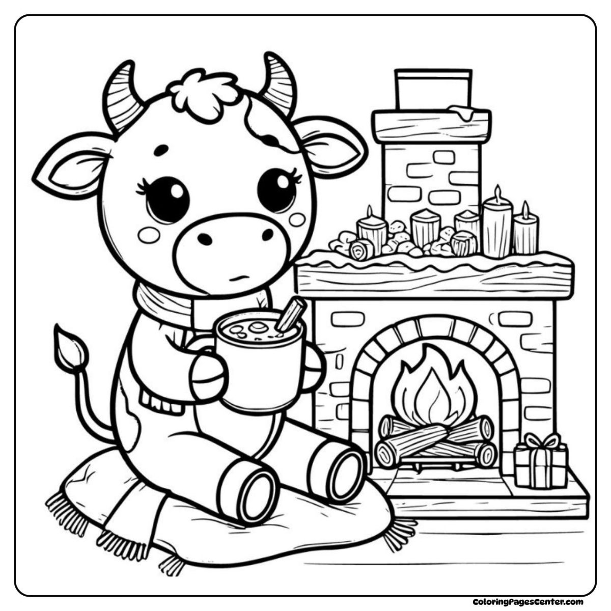 Warm cow coloring page with cocoa and glowing fireplace