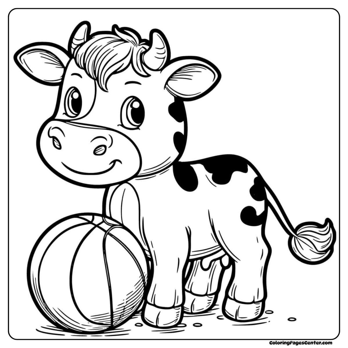 Cow coloring page with a young cow holding a basketball