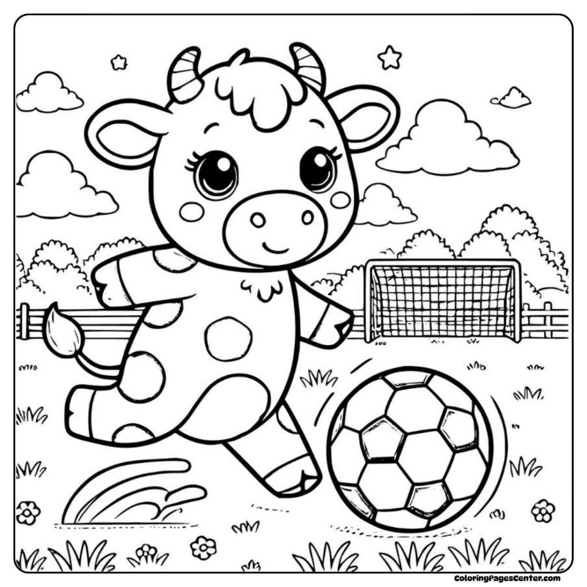 Lively cow coloring page with ball and outdoor fun
