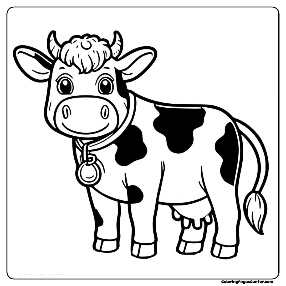 Cow coloring page with a happy cow wearing a big bell