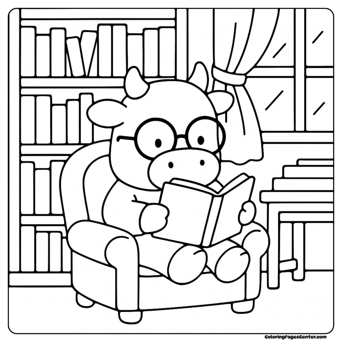 Cow coloring page with glasses and books all around her
