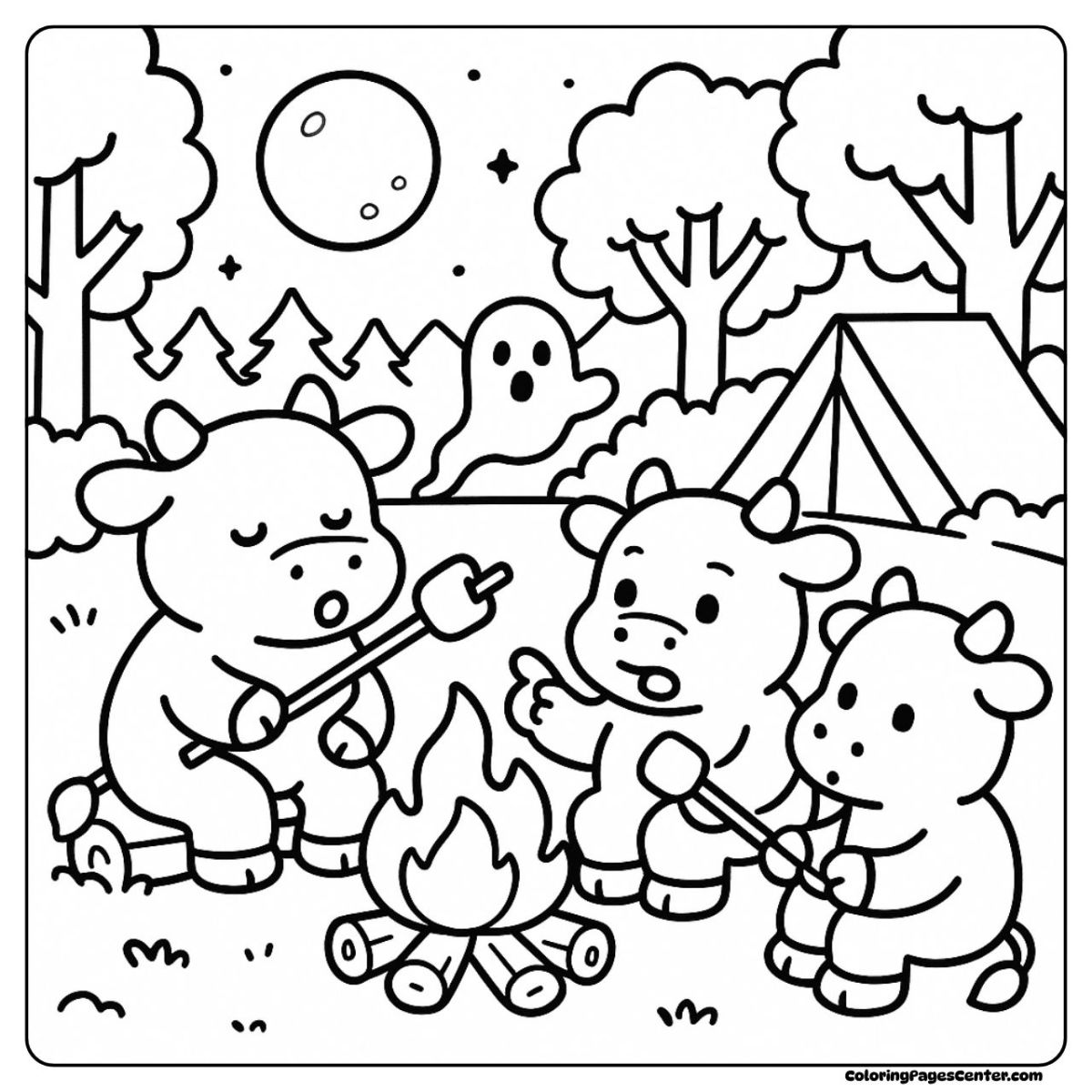 Cow coloring page with tents, a fire, and ghost stories under stars