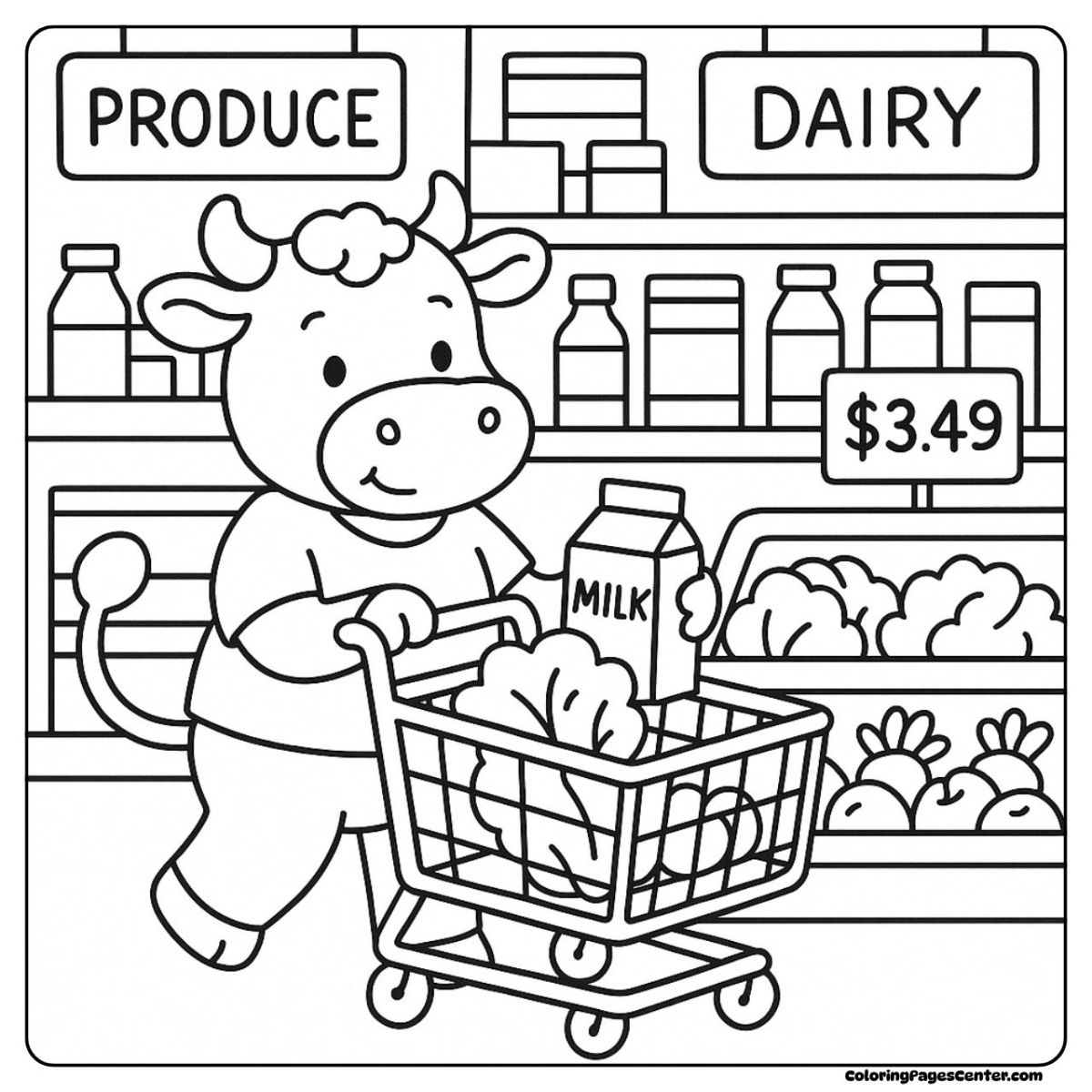 Cow coloring page with a shopping cart and milk carton
