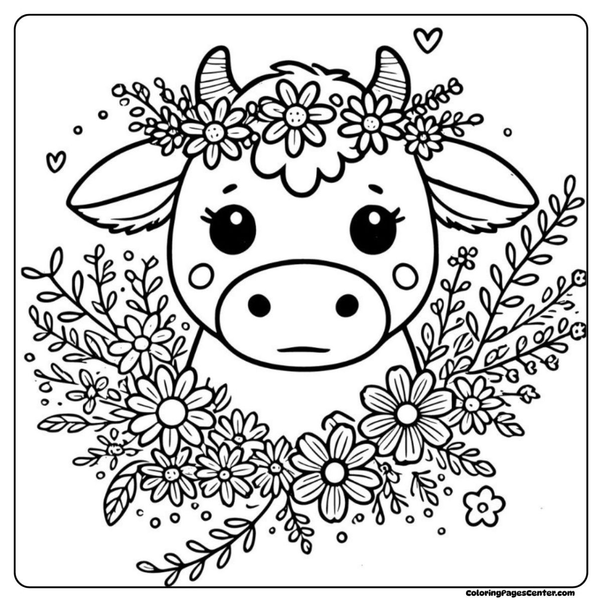 Cow coloring sheet with wildflowers and gentle sunshine