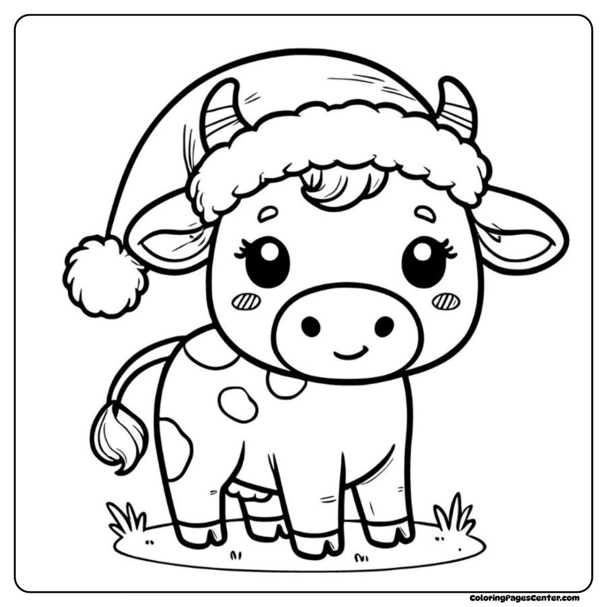 Holiday cow coloring page with festive hat and cheer