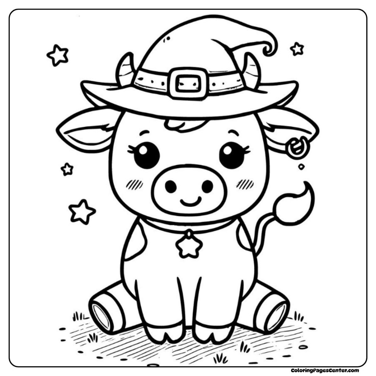 Magical cow coloring page wearing a pointed hat at night