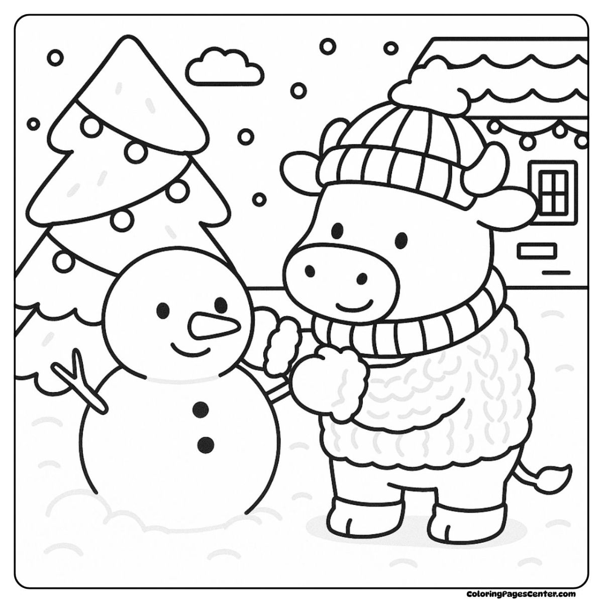 Cow coloring page with a cow building a happy snowman