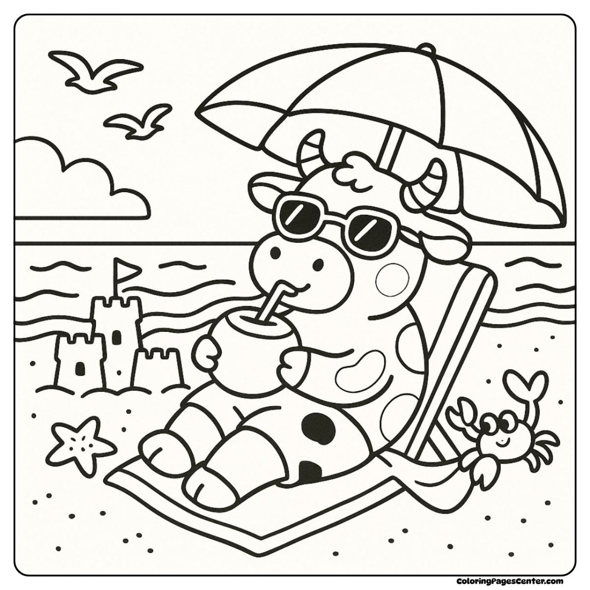 Cow in sunglasses relaxing on the sand in a seaside coloring page