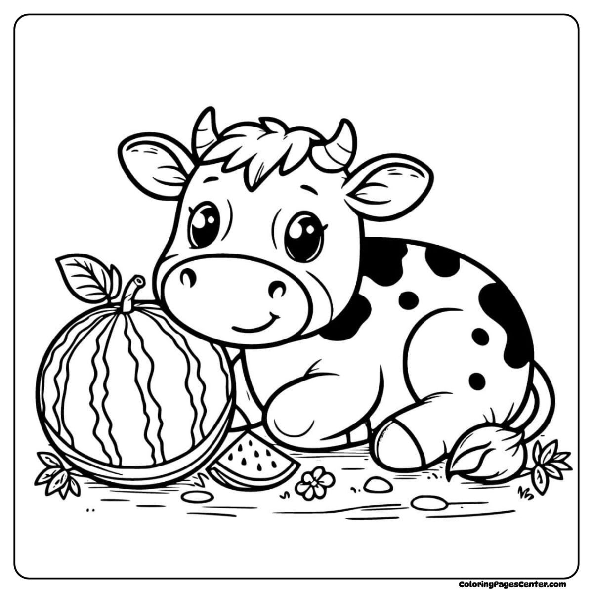 Cute calf lying beside a watermelon in a fun coloring page
