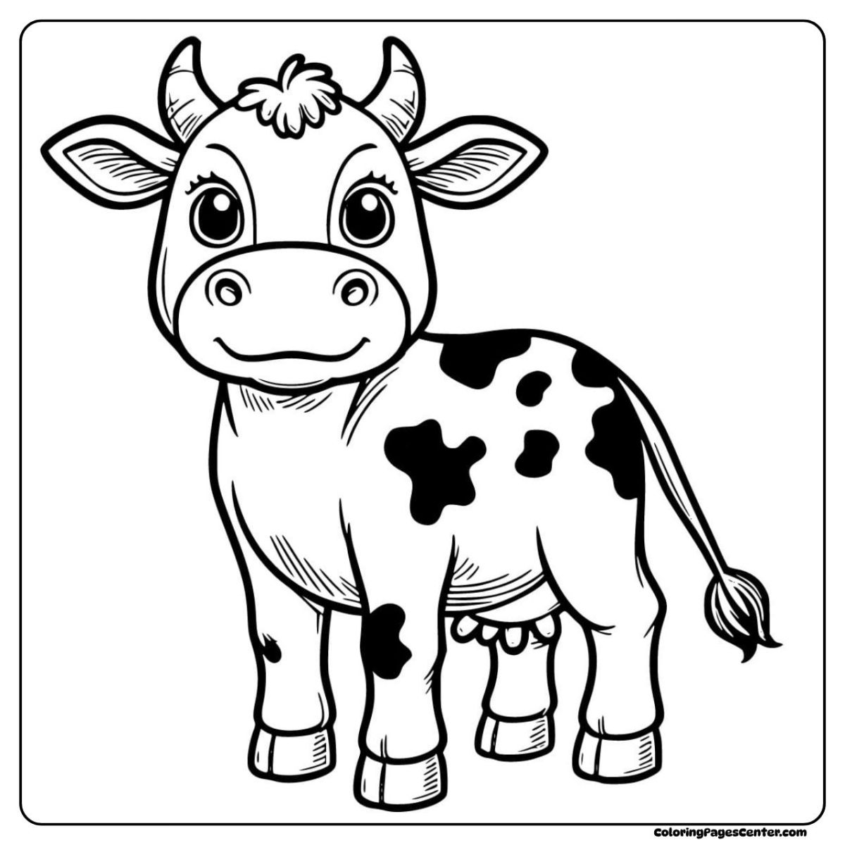 Cow coloring page showing a smiling Holstein cow with spots
