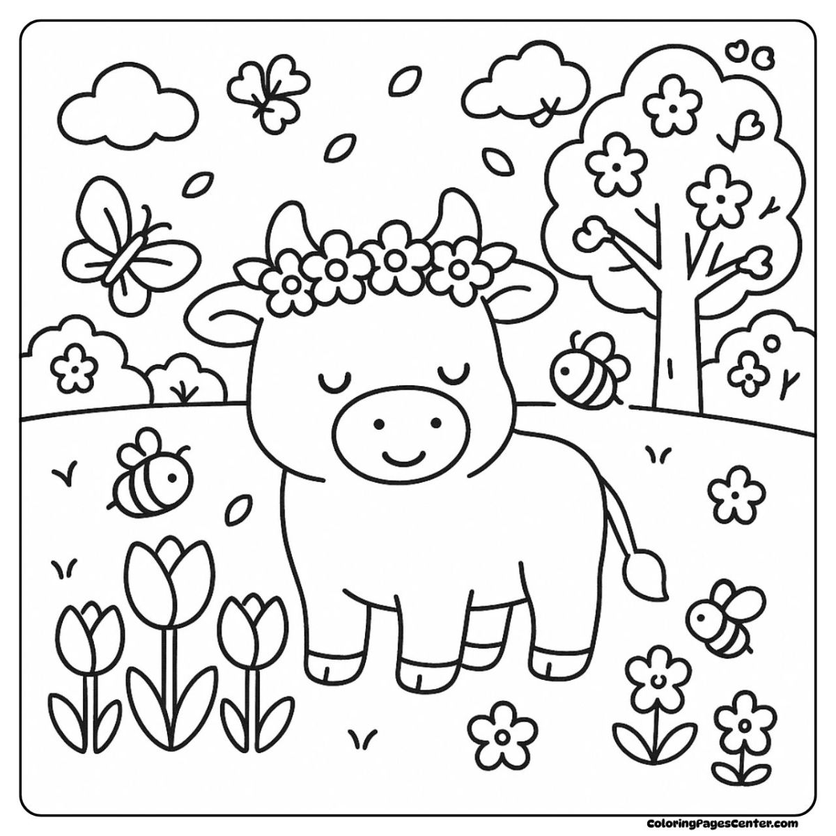 Cow coloring page showing flowers, bees, and a peaceful cow
