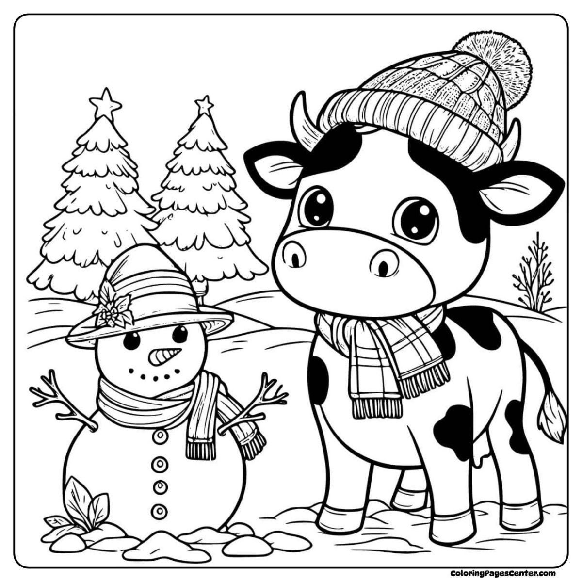 A cow in a warm scarf stands with a snowman on a winter coloring page