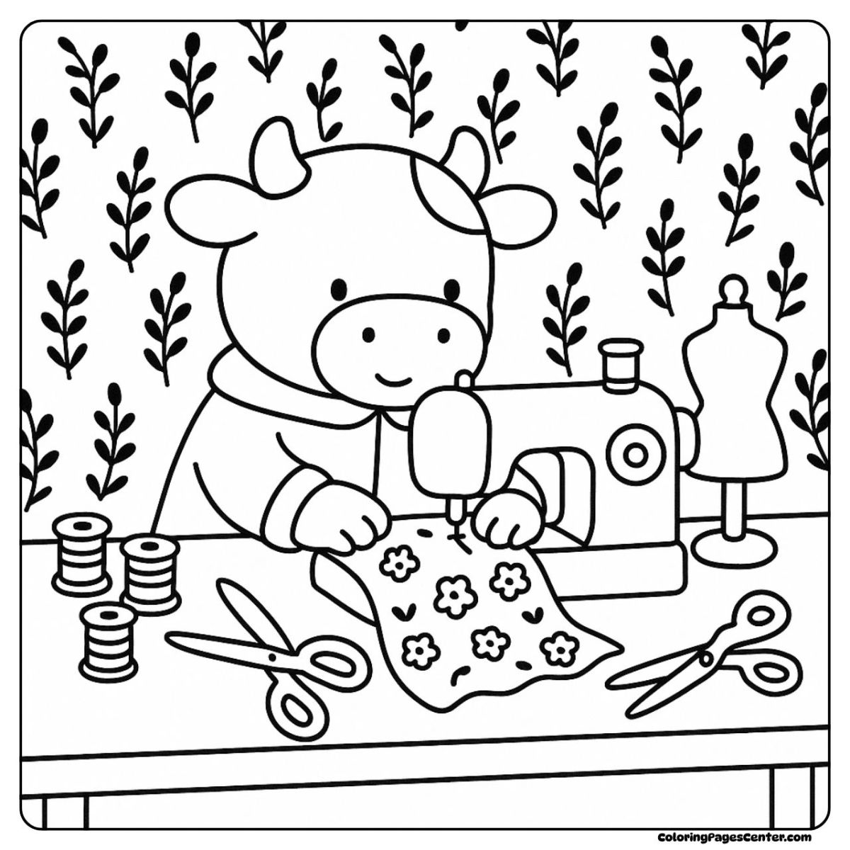 Cow coloring page of a cow making art on her sewing machine