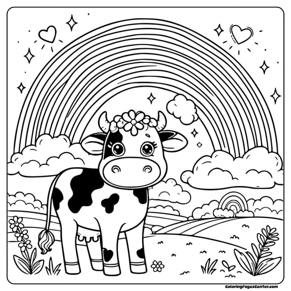 A cow wearing a daisy crown stands under a rainbow on a coloring sheet