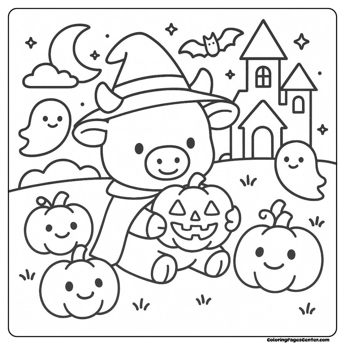 Cow coloring image of pumpkins, ghosts, and a witchy cow