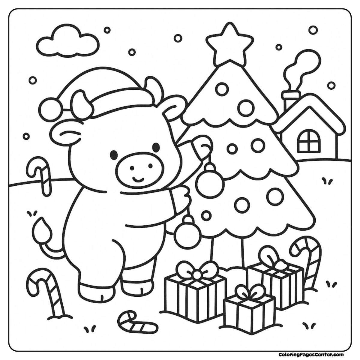 Cow coloring page with a cow, Christmas tree, and winter gifts