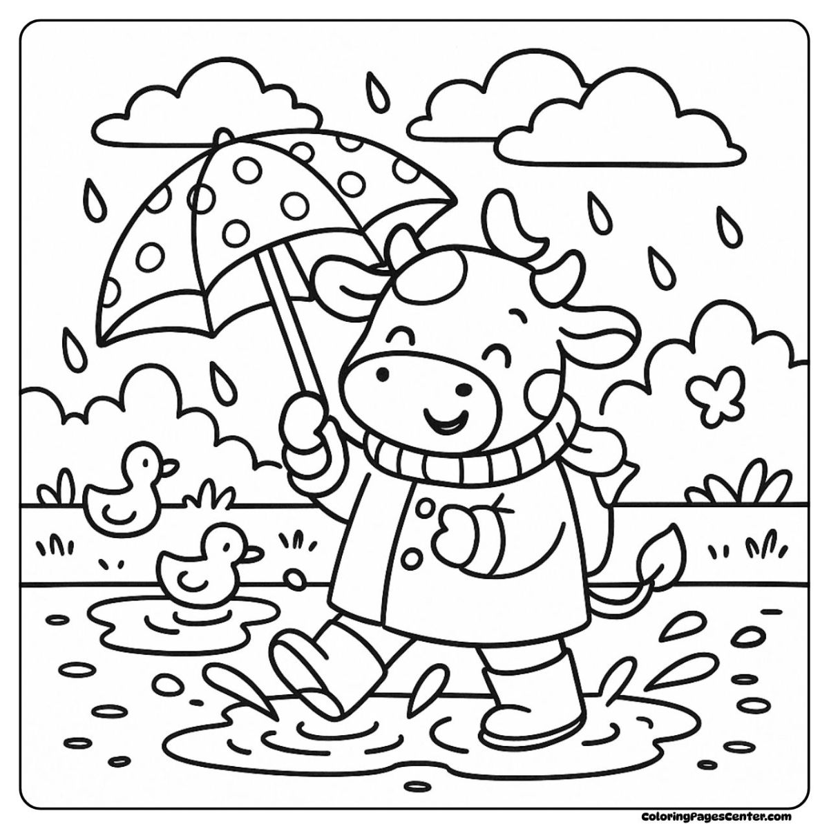 Cow coloring page of a happy cow splashing in puddles with ducks